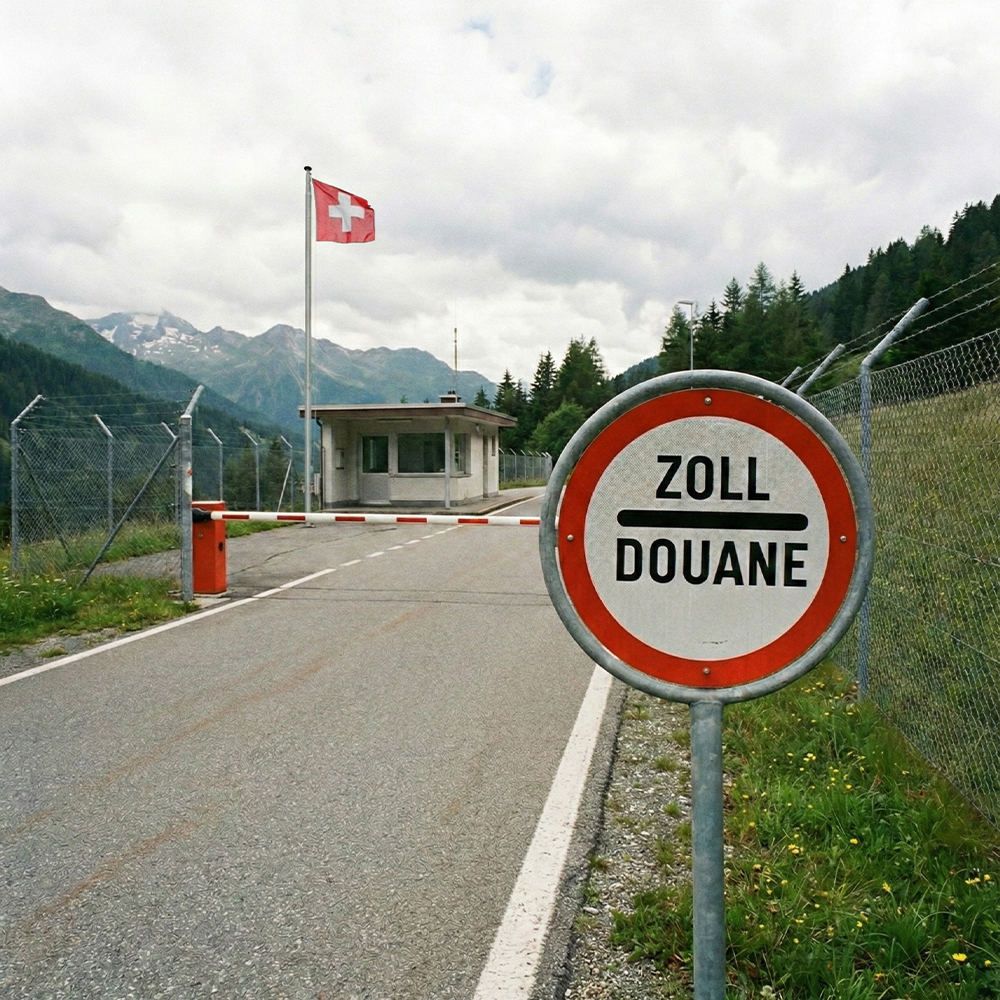 Photo d'un poste de douane en Suisse. La photo illustre la votation Pas de Suisse à 10 millions.