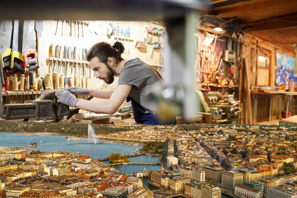 Un apprenti travaille sur un établi à Genève